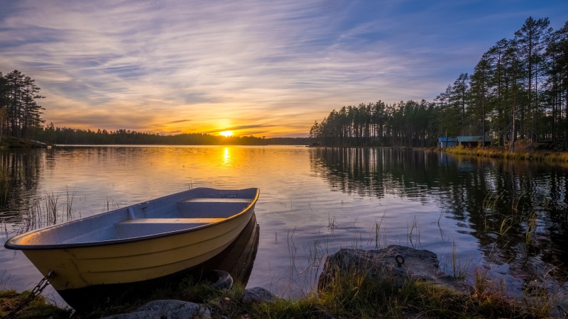 sunset, boat, loch, evening, sweden, lake, waterway, 4K, europe, dalarna, silence