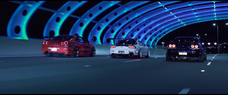 night, Nissan Skyline GT-R R34, car, 2K, Mazda RX-7, city lights, Nissan Skyline GT-R R33