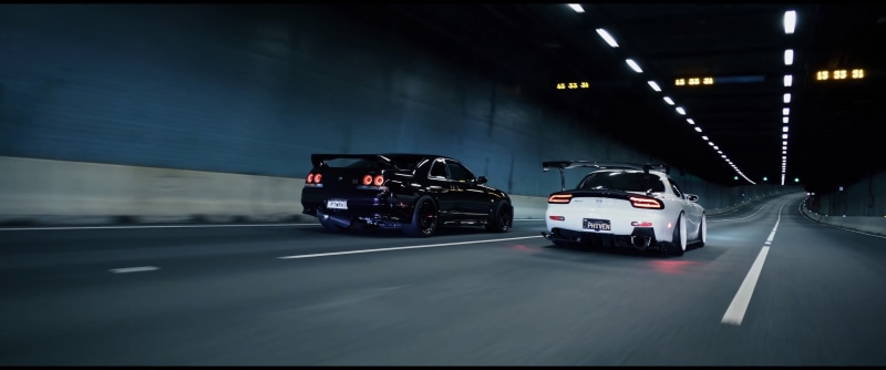 night, city lights, Nissan Skyline GT-R R33, 2K, car, Mazda RX-7