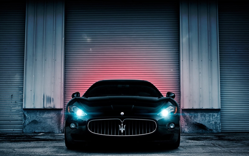 chrome, garage, 1080P, maserati, red, no People, lights, architecture, outdoors, vintage car, motor vehicle, luxury, land Vehicle, front View, black Color