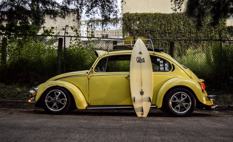 leaning, sea, 5K, machine, vintage car, ocean, sports, retro styled, surfboard, sport, spoke, automobile, mode of transportation, outdoors, tire, road