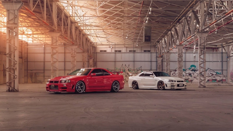 1080P, Nissan, red cars, Nissan Skyline GT-R R34, car, vehicle, Nissan Skyline, Nissan Skyline GT-R, graffiti, sports car, street art, JDM, white cars