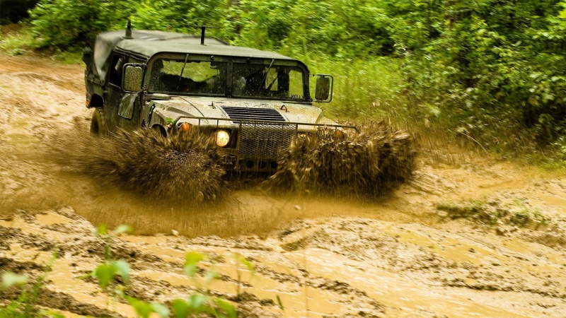 Hummer, sunlight, damaged, land, tree, outdoors, mud, land vehicle, plant, water, mode of transportation, transportation, dirt, abandoned, growth, no people