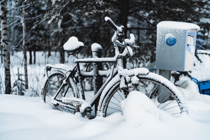 bike, cold temperature, nature, land vehicle, stationary, snow, mail, field, weather, wheel, land, machine, no people, covering, winter, human, mode of transportation