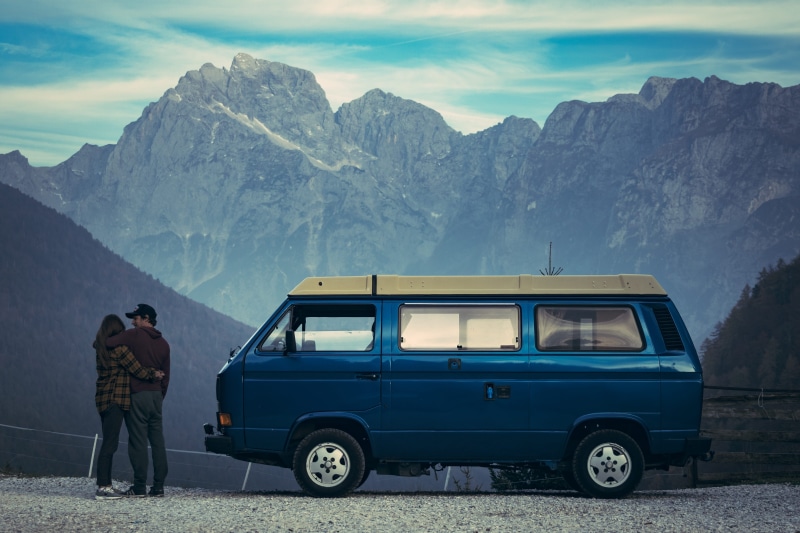 vanlife, standing, full length, snowcapped mountain, beauty in nature, men, vehicle, automobile, caravan, outdoors, mode of transportation, day, human