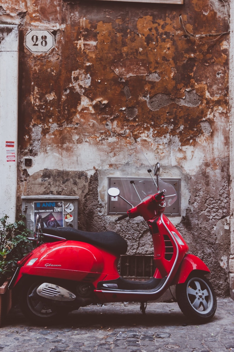 built structure, retro, old, drive, leisure, 1080P, motor scooter, cult, wall, vespa, close-up, indoors, red, outdoors, no people, garage, obsolete, land vehicle