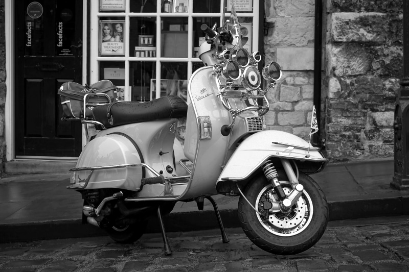parked, style, no people, stationary, only women, near, 5K, design, photo, mode of transportation, sidewalk, motorcycle, wheel, italy, side view, outdoors