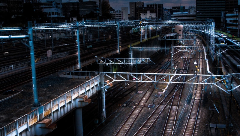 subway train, railroad, complexity, electrical, 2K, train track, electricity, dark, railways, industrial, street, network, transportation, railroad track