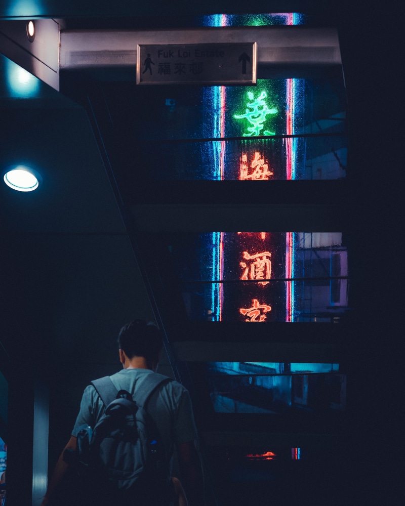 character, neon, dystopium, blue, sign, person, backpack, walking, young, urban, asian, holding, asian Ethnicity, dystopian, business, women, lighting Equipment