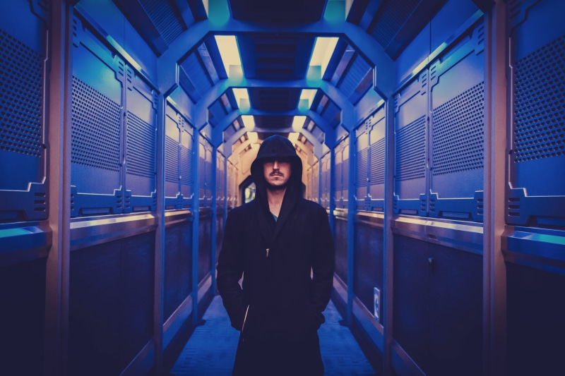 three quarter length, adult, young adult, looking at camera, caucasian, portrait, 5K, real people, scary, boss, glow, transportation, dark, indoors, overlord