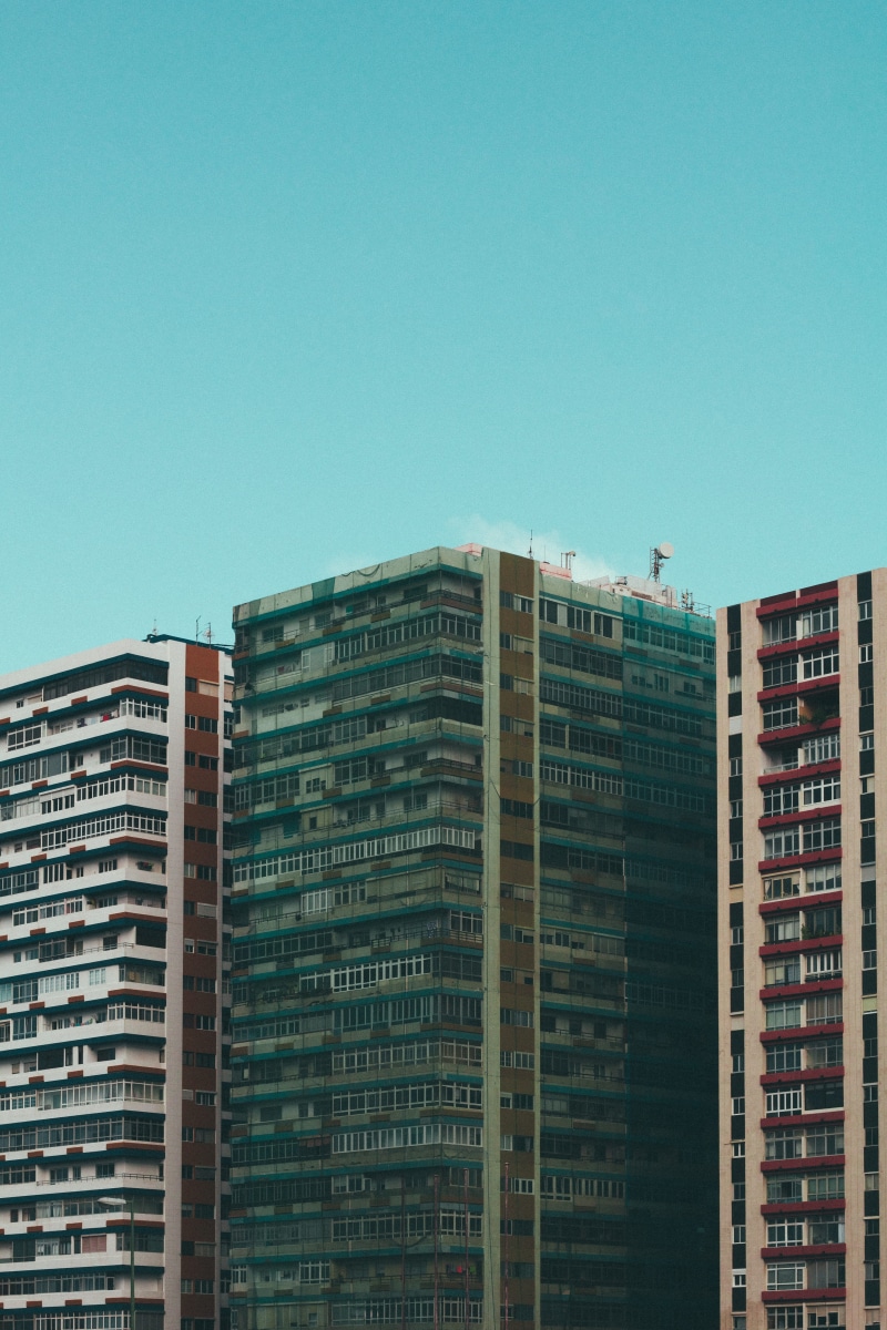 dystopium, block of lfat, blue, comunism, 5K, apartment, photography, multi, building exterior, daytime, blocks, aerial, low angle view, skyscraper, blue sky