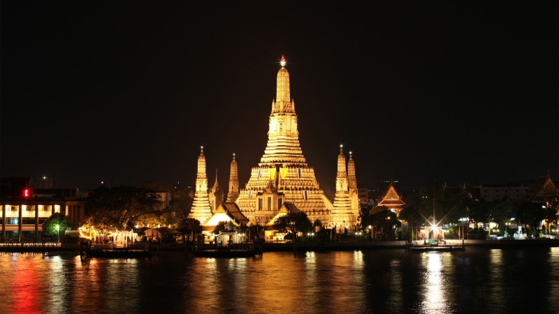 river, Bangkok, place of worship, outdoors, illuminated, no people, belief, built structure, building, city, monument, religion, spirituality, building exterior