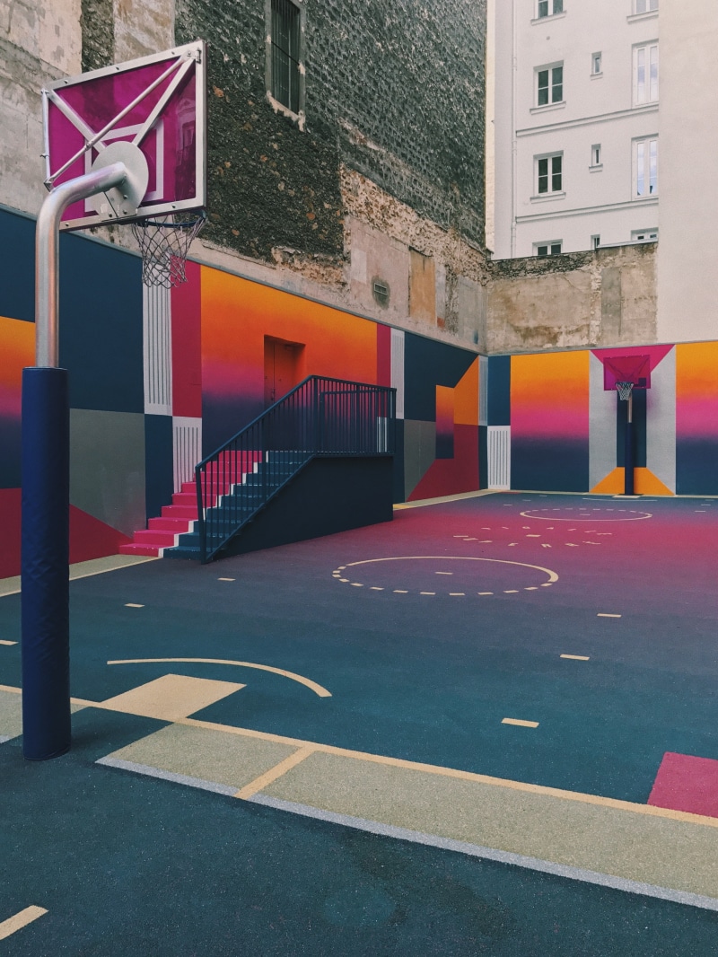 marking, basketball, built structure, red, building exterior, city, street, architecture, symbol, urban, road marking, direction, sports, 4K, basketball court