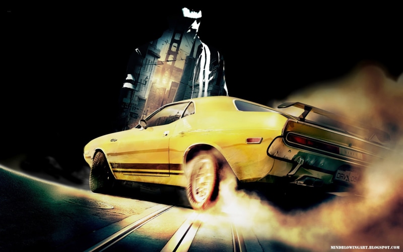 vehicle, car, illuminated, outdoors, yellow, land vehicle, motor vehicle, city, night, Driver (video game), mode of transportation, selective focus, road