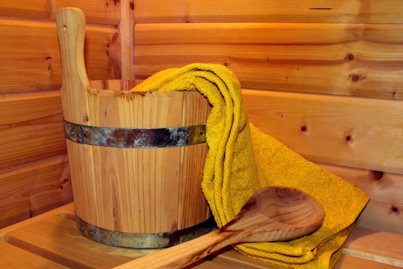 bucket, indoors, spa, still life, winter, wooden, wood, wood sauna, food and drink, home interior, clean, wood bucket, nature, brown, sauna session, towel