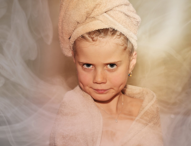 girl, child, frowning, childhood, portrait, serious, smoke, face, close-up, front view, sauna, contemplation, fog, indoors, 4K, women, looking at camera