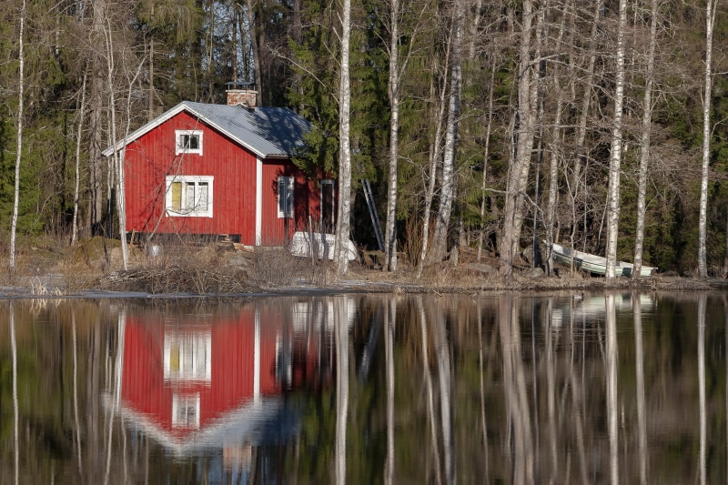 scenics - nature, building feature, sauna cabin, architecture, plant, forest, river, red, beauty in nature, reflection, built structure, 2K, outdoors