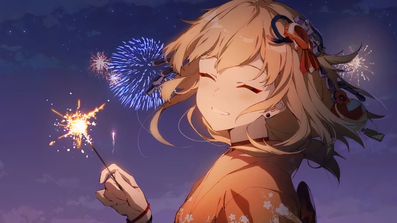 fireworks, kimono, video games, anime, sarashi, blonde, video game girls, anime girls, Genshin Impact, Yoimiya (Genshin Impact), smiling, 5K