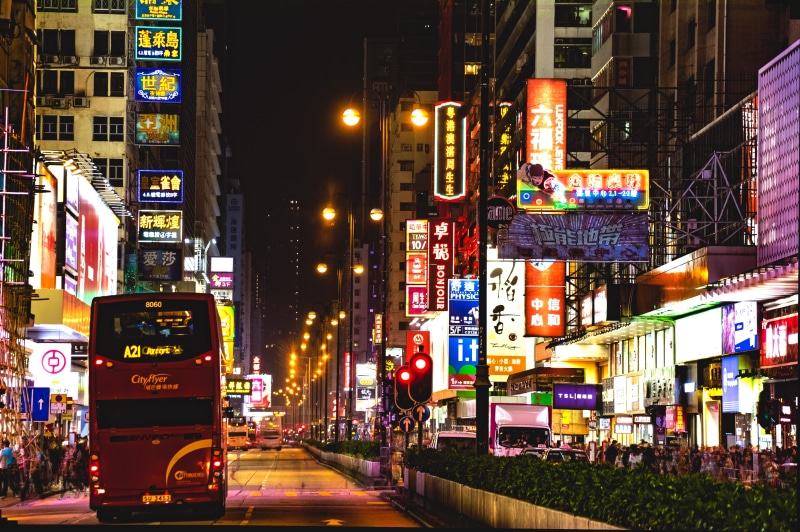 street, nightlife, hong kong, tarmac, night, beside, office building exterior, red, traffic light, urban, city street, building exterior, human, illuminated