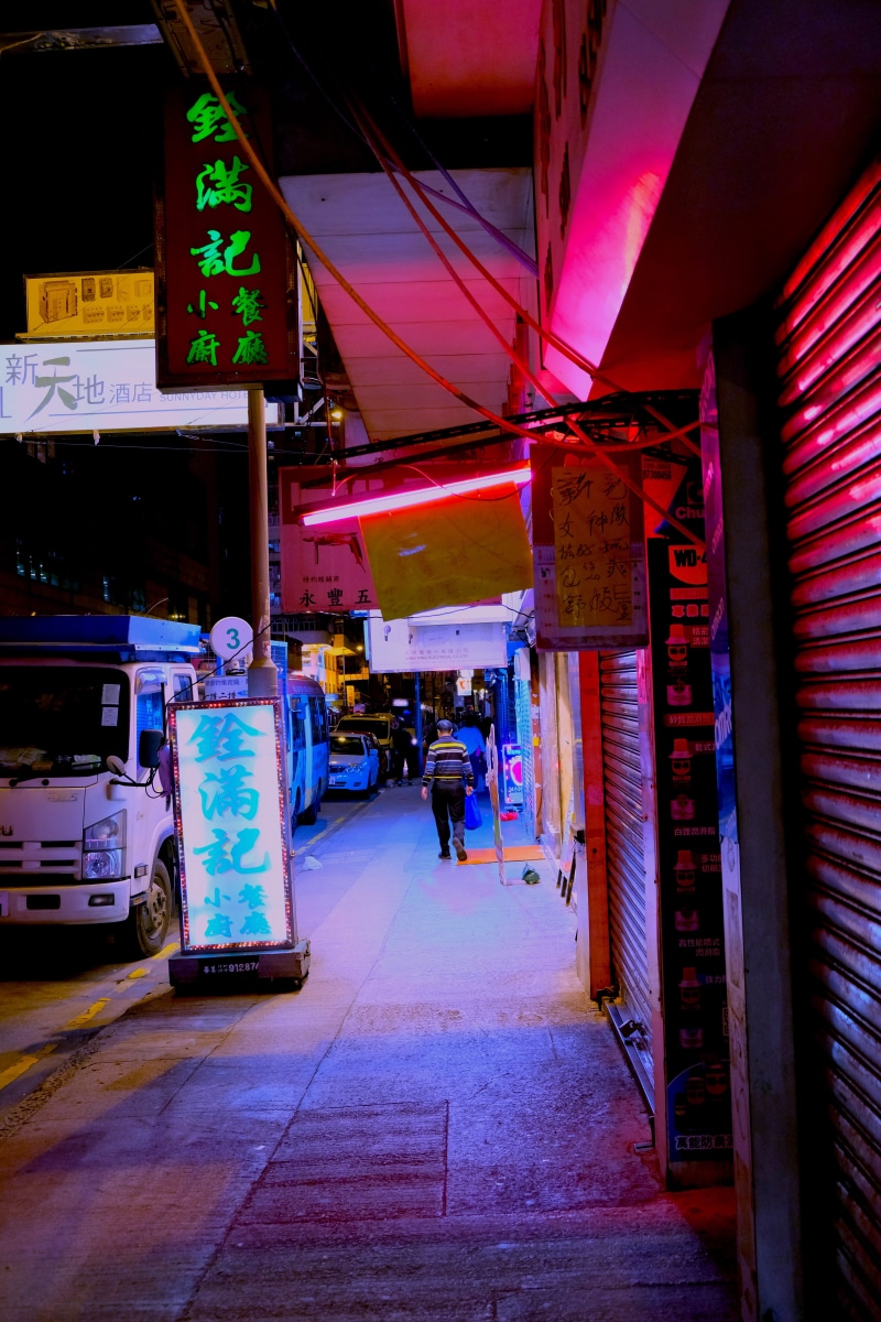 illuminated, night, asphalt, sign, architecture, footpath, building exterior, outdoors, incidental people, store, 5K, vehicle, cyberpunk, truck, direction