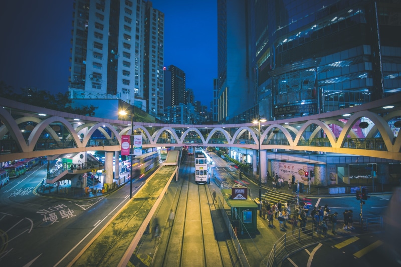 modern, road, rise, skyscraper, light streaks, transportation system, street, lights, no people, high, public transportation, roads, vehicles, built structure