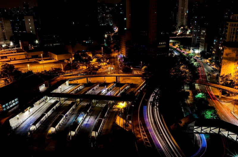 skyscraper, station, watercraft, town, nightlife, night time, glowing, high angle view, vessel, night photography, highway, night sky, train, 5K, outdoors