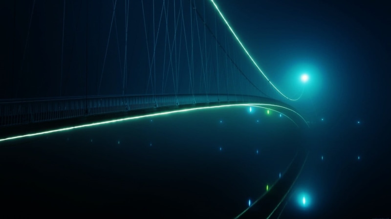 reflection, glowing, road, no people, city, neon, illuminated, concrete, grey, futuristic, bridge - man made structure, nature, connection, urban, built structure
