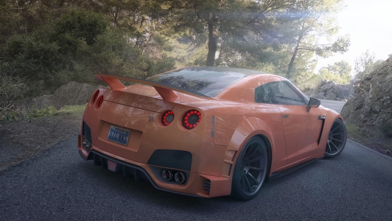 city, car, plant, orange, transportation, coupe, motor vehicle, stationary, 2K, no people, outdoors, land vehicle, red, tree, road, nissan, mountain, Nissan GTR