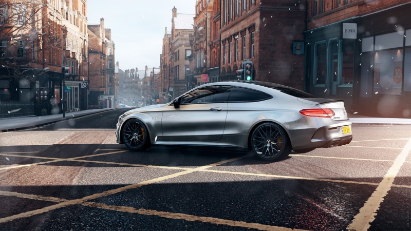 city, street, screen shot, nature, motor vehicle, building exterior, no people, vehicle, built structure, Forza, Edinburgh, Mercedes-AMG C63S, architecture