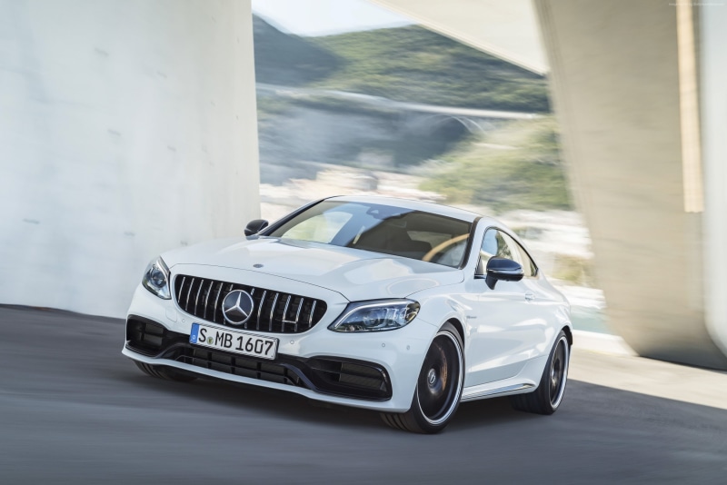 4K, street, 2019 Cars, motor vehicle, mode of transportation, transportation, wealth, focus on foreground, silver colored, Mercedes-Benz C63 S AMG Coupe