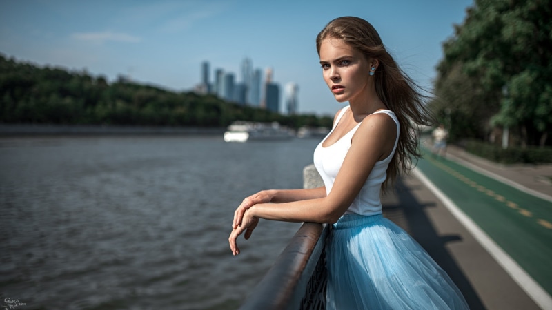 blue eyes, top, mode of transportation, brunette, one person, looking at camera, Alexandra Bykova, depth of field, women, beauty, 1080P, Georgy Chernyadyev