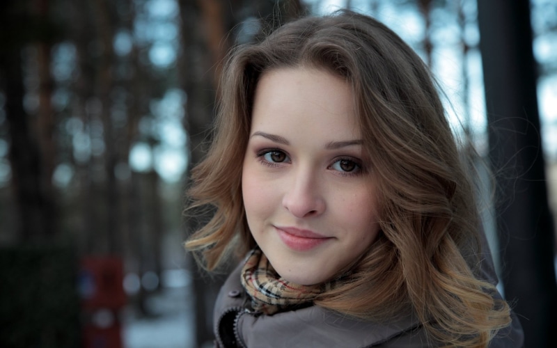 smiling, portrait, front view, forest, model, Toxic A, young women, young adult, adult, brown eyes, MetArt Magazine, 1080P, beautiful woman, hairstyle