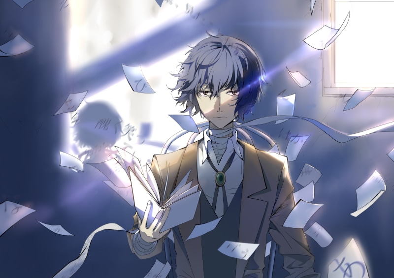 2K, dazai osamu, digital composite, art and craft, nature, bandages, mid-air, science, male likeness, indoors, human representation, representation, creativity