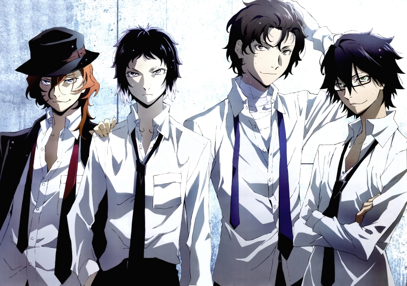 nakahara chuuya, waist up, wall - building feature, adult, bungou stray dogs, women, front view, indoors, 8K, standing, group of people, edogawa ranpo