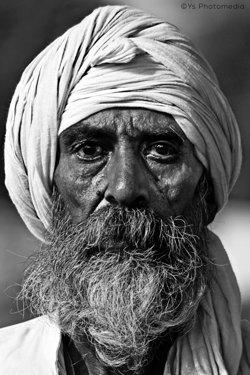 one person, facial hair, turban, front view, face, elderly, social issues, 5K, looking, old, headshot, veil, wearing, males, monochrome, human face, eyes