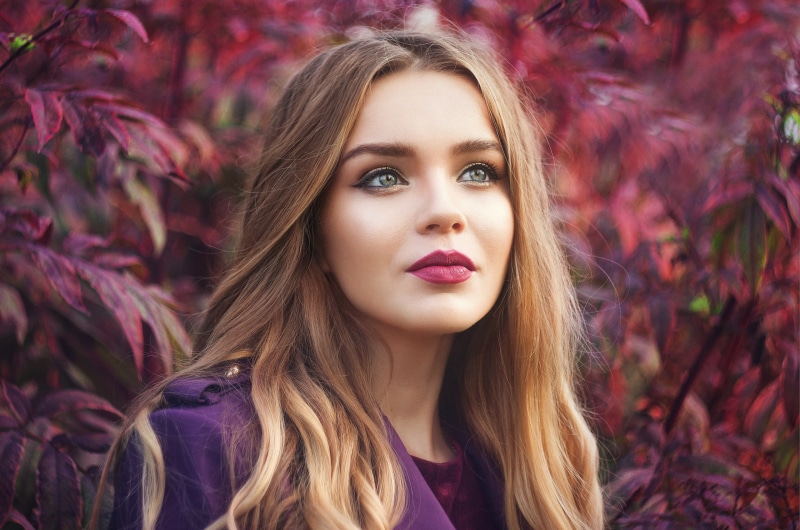 hairstyle, teenager, young adult, looking away, headshot, purple coat, make-up, fall, lipstick, beautiful woman, make up, makeup, looking at camera, Ombre Hair