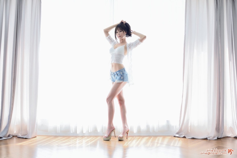 jean shorts, 480P, high heels, Choi Seul GI, Asian, women, window, hands in hair