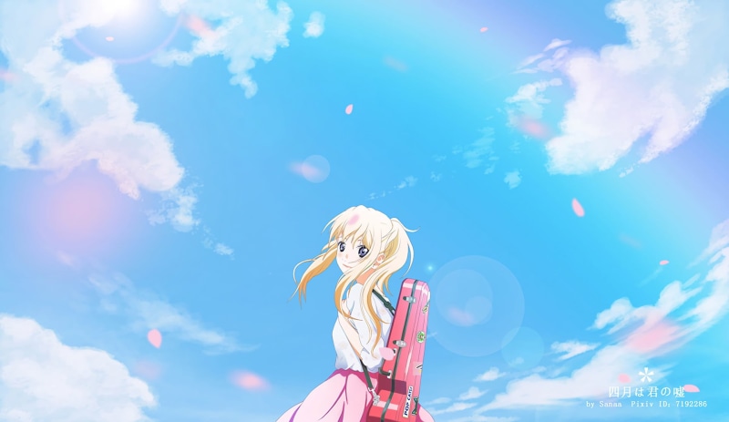 Your Lie in April, day, holding, three quarter length, outdoors, human representation, hair, young adult, hairstyle, Kaori Miyazono, art and craft, cloud - sky