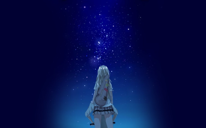 nature, winter, snow, star - space, night, outdoors, Kaori Miyazono, space, 1080P, Anime, Kousei Arima, low angle view, sky, snowing, galaxy, illuminated
