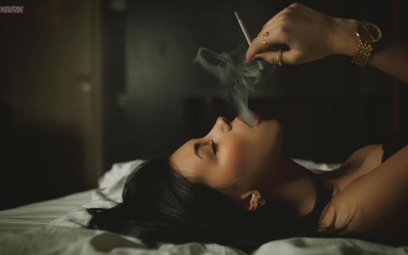 cigarettes, women, Caucasian, model, Aleksandr Mavrin, 1080P, dark hair, lying down, brunette, smoking