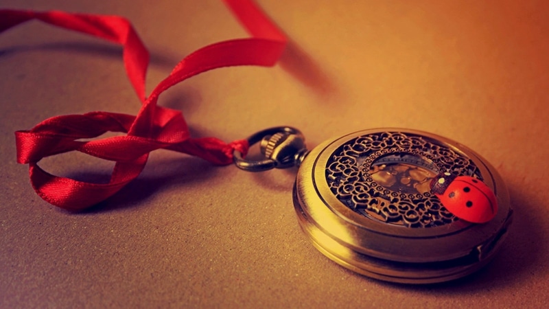 beauty in nature, 1080P, high angle view, pocket watch, indoors, plant, luxury, red tape, watch, nature, vintage, no people, clocks, metal, red, gold