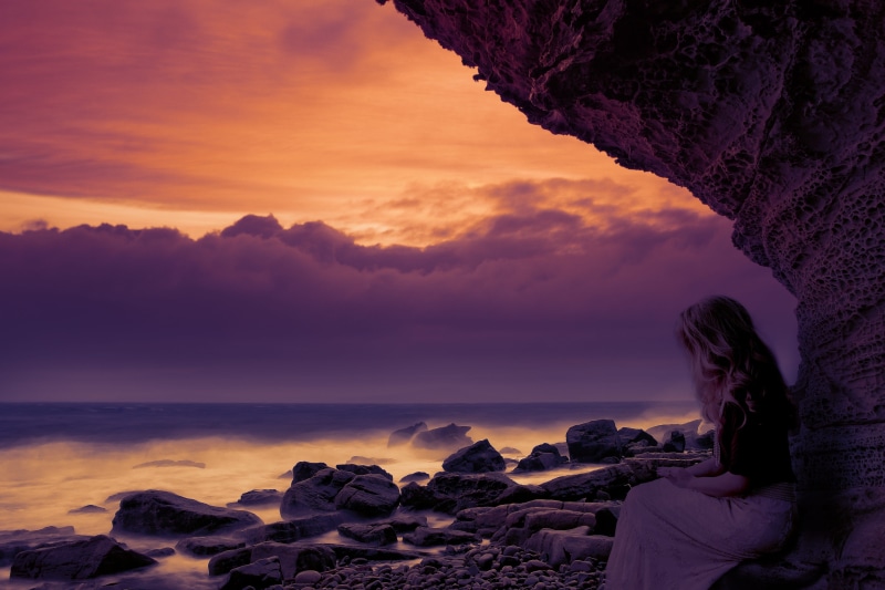 girl, cloud - sky, 4K, rock, nature, sky, hairstyle, women, purple, one person, tranquility, lifestyles, sea, solid, alone, sad, beach, sunset, beauty in nature