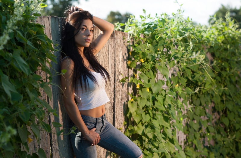 brunette, looking, women, day, plant, young adult, contemplation, beautiful woman, nature, hair, hairstyle, front view, portrait, outdoors, green color