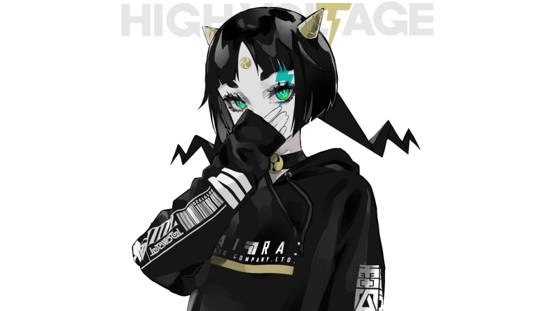 anime, LAM, green eyes, 2D, covered face, simple background, digital art, looking at viewer, black clothing, demon girls, black hair, minimalism, original characters