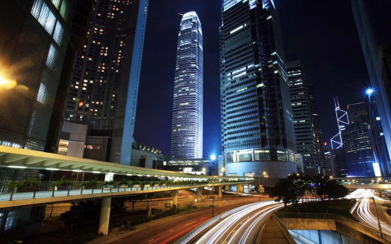 motion, China, street, office building exterior, Hong Kong, building, night, outdoors, illuminated, road, building exterior, financial district, office