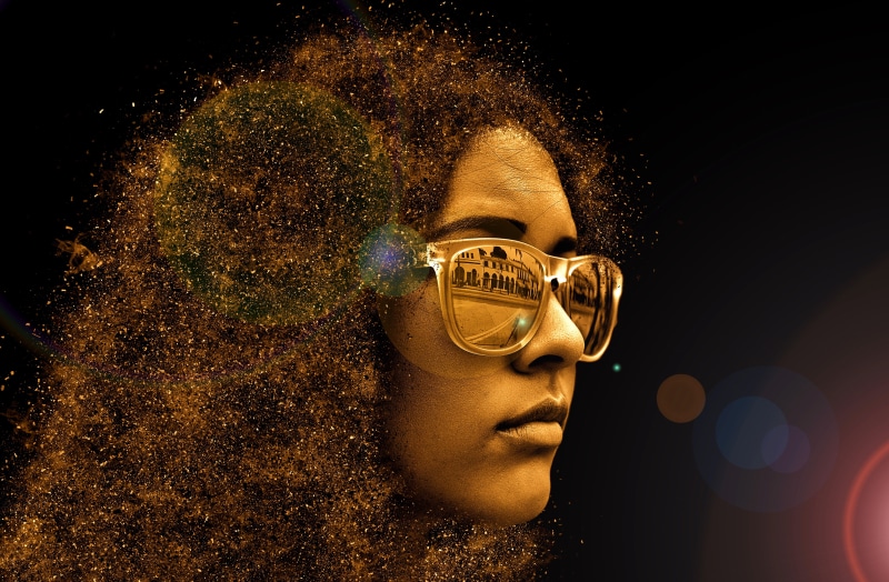 only women, african Descent, headshot, abstract, people, beautiful, art, black background, front view, looking at camera, wearing, glasses, woman, real people