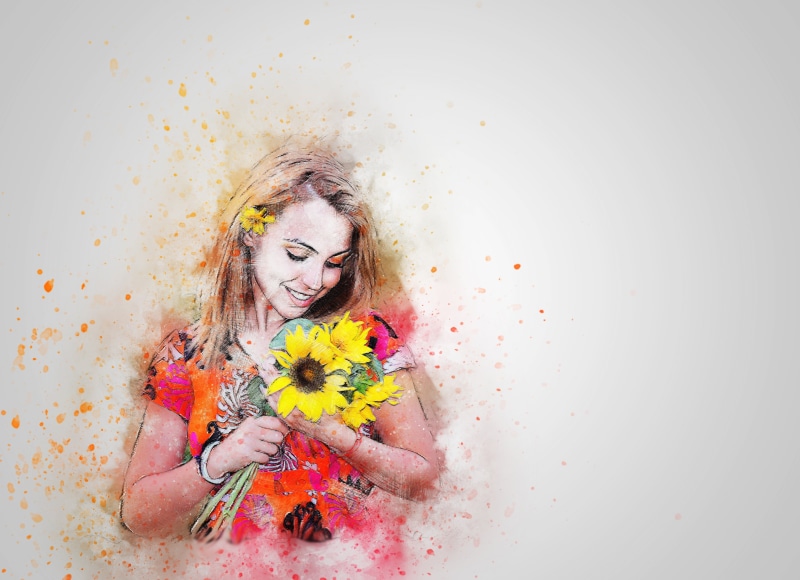 abstract, aquarelle, one woman only, emotion, fun, fashion, indoors, flower, beauty, young women, adult, girl, studio shot, 2K, holding, paint splatter