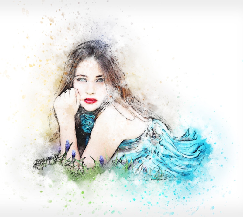 painting, art, girl, women, emotion, pensive, studio shot, long hair, splashing, make-up, aquarelle, woman, digital composite, fashion, flower, hairstyle
