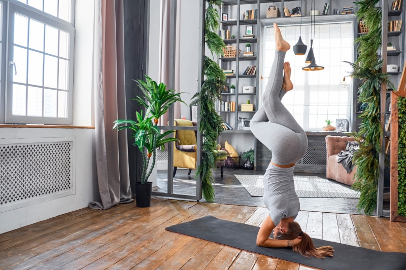 brown hair, flexible, stand, figure, girl, Mike, on the head, 2K, leggings, yoga, room, Mat, pose, fitness