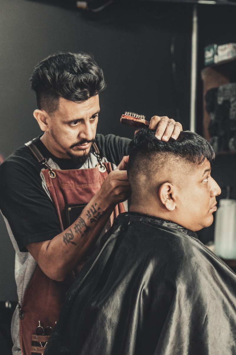 occupation, 5K, barbershop, barber shop, hairstyle, males, young men, s, beard, cutting, customer, man, indoors, two people, men, people, lifestyles, barber
